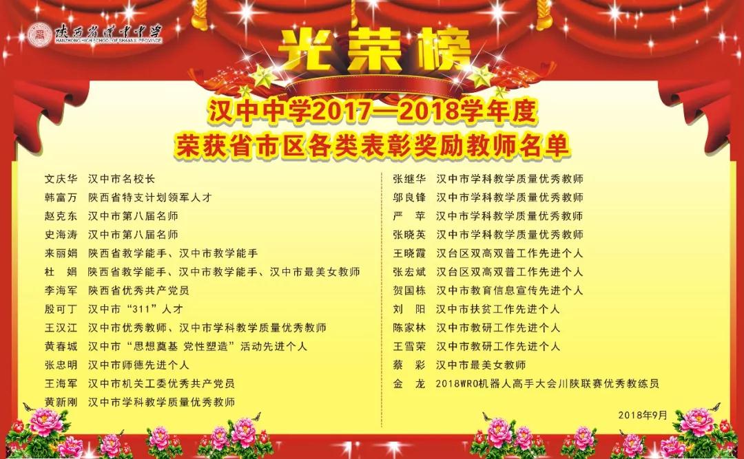 光荣榜 汉中中学第34个教师节光荣榜
